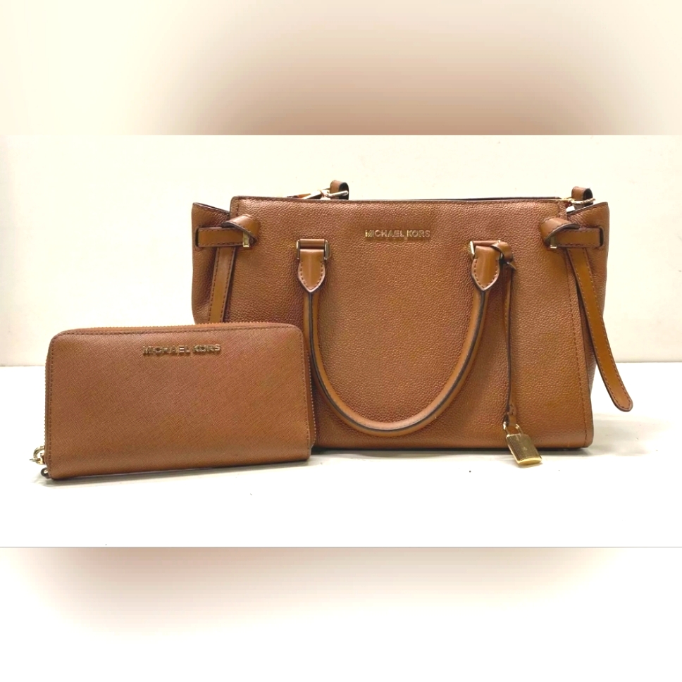 2 Michael Kors Cassie Mk Brown Leather Locket Charm Satchel Bag + Wallet Lot 2
